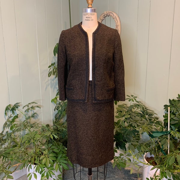 Vintage 1960s Brown and Black Wool Tweed 2 Piece Skirt Jacket Suit Four Season Wear Tailored by Myron Louis, Vintage Sixties Dress Suit