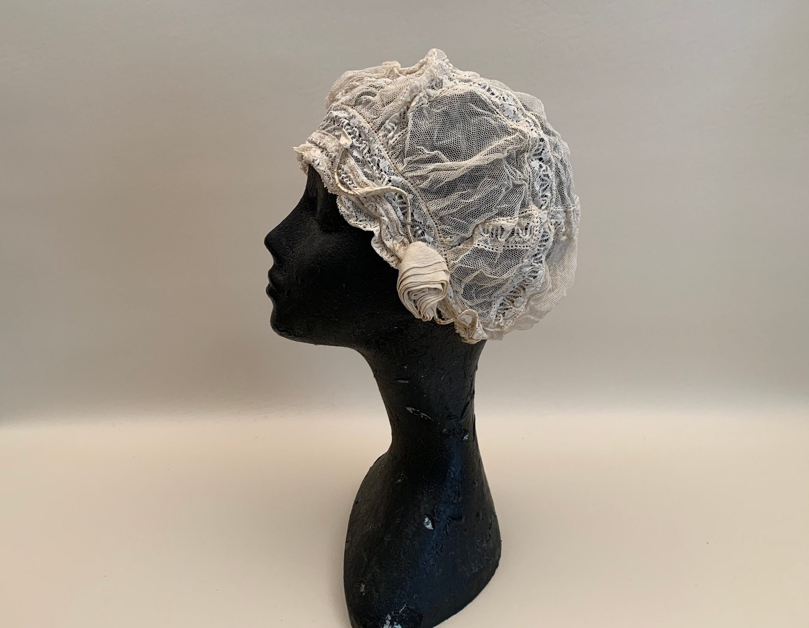 Antique Victorian Net Lace Night Cap With Silk Chiffon Flowers
