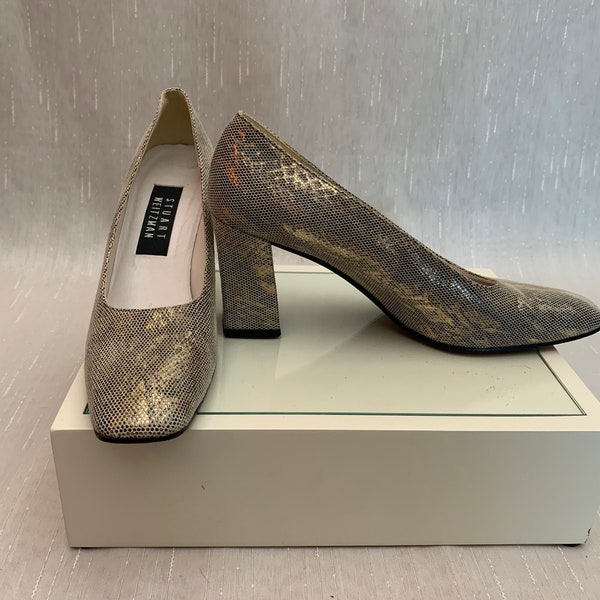 Vintage 1990s Stuart Weitzman Tan Gold Black Snakeskin Honeycomb Reptile Print Square High Heel Pumps, Vintage Metallic Shoes