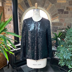 Vintage 1980s Black Silk Sequin and Bead Jacket Stenay, Black Sequin Evening Jacket