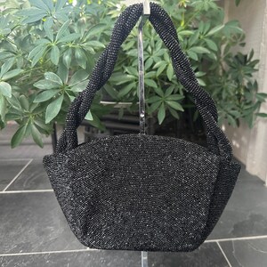 Vintage 1940s Black Beaded Hard Shell Handbag with Twisted Bead Handle, Vintage Forties Sparkly Black Bead Purse