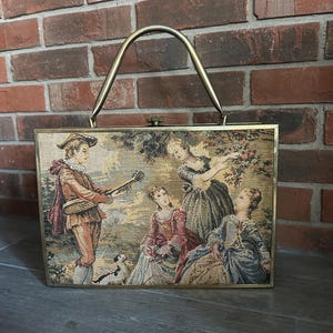 Bolso de mano de piel de charol negra y tapiz dimensional renacentista vintage de los años 60, estilo tirolés
