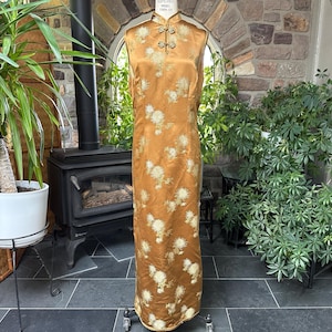 Vintage 1960s Golden Brown and Gold Chrysanthemums Silk Satin Asian Maxi Dress, Vintage Gold Silk Asian Cheongsam Wedding Dress
