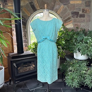 Vintage 1950s Blue Lace and Satin Semi Formal Dress, Vintage Fifties Lace Dress, 1950s Mother of the Bride Dress