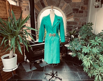 Vintage 1980s Green Ultra Suede Belted Coat or Dress Heavy Gold Buckle Adolph Schuman Lilli Ann, Vintage Green UltraSuede Belted Dress Coat