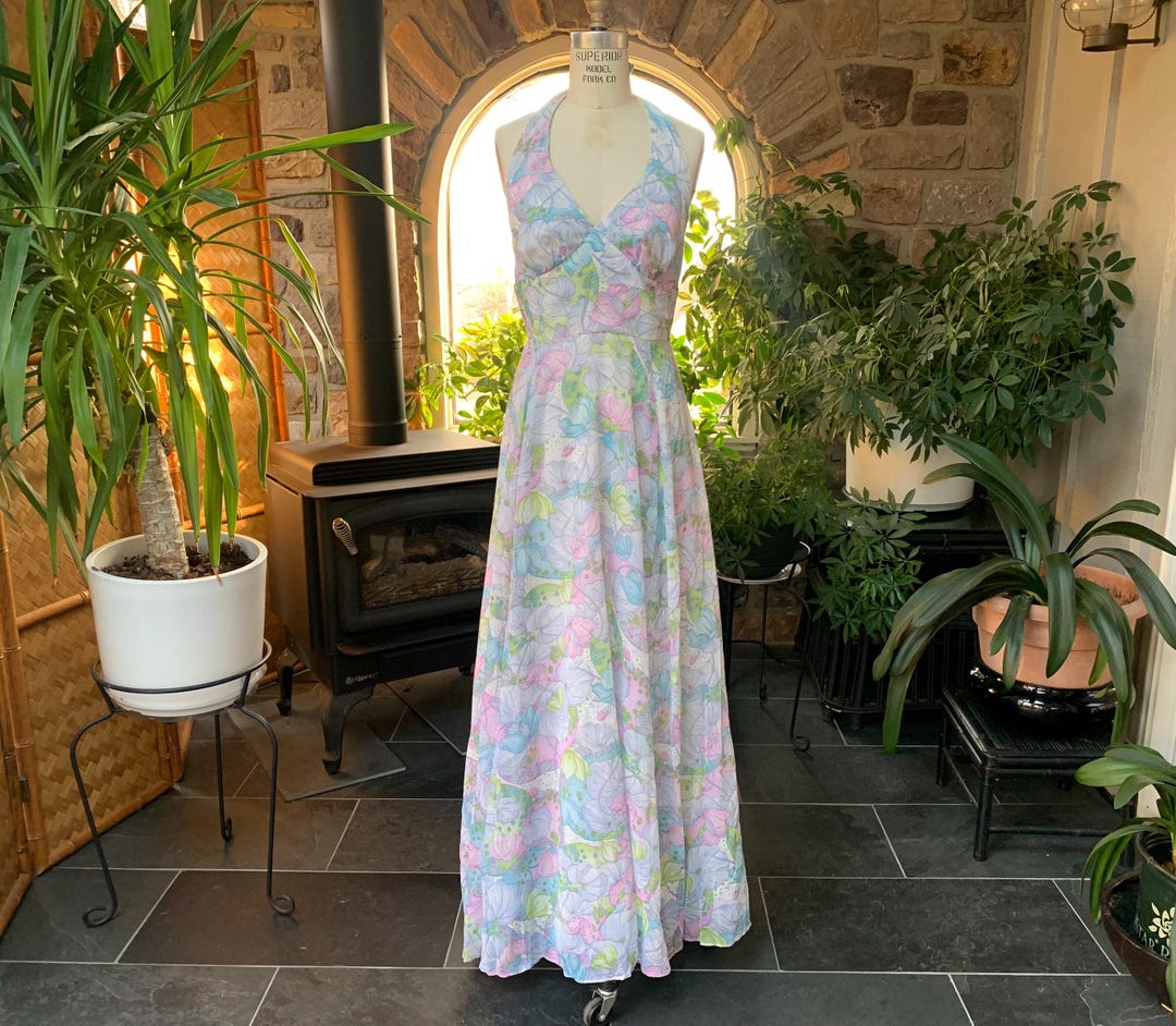 Vintage 1970s Pastel Floral Halter Maxi Dress Arjon
