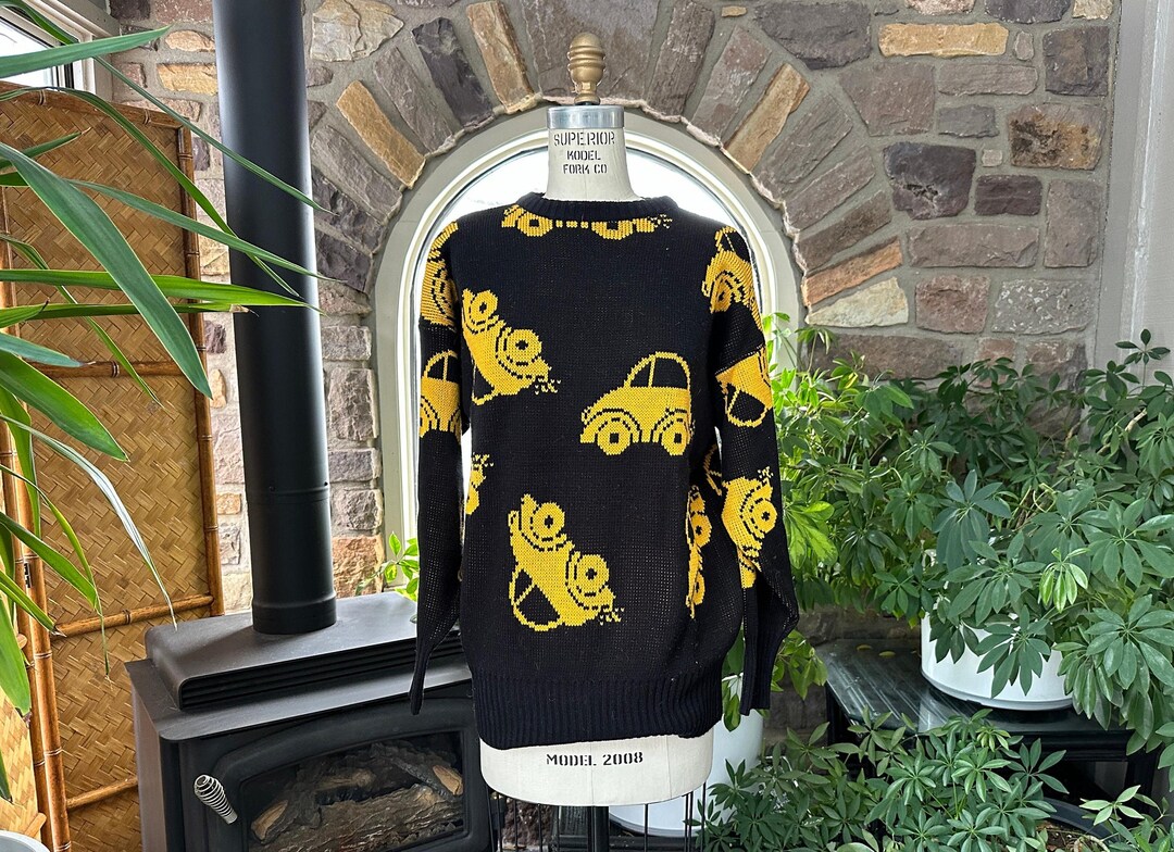 トップス Black Weirdos Layered Sweat Mustard Vintage 1980s Black and Yellow VW Beetle Print Pullover