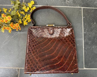 Vintage 50er Jahre Brown Alligator Top Handle Handtasche aus strukturiertem Leder Taschenbuch
