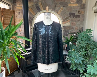 Vintage 1980s Black Silk Sequin and Bead Jacket Stenay, Black Sequin Evening Jacket