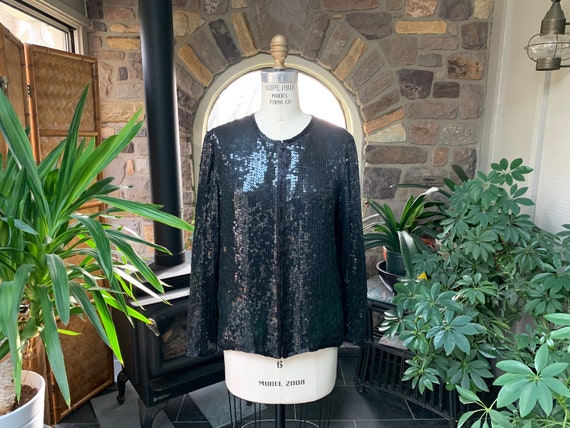 Vintage 1980s Black Silk Sequin and Bead Jacket S… - image 1