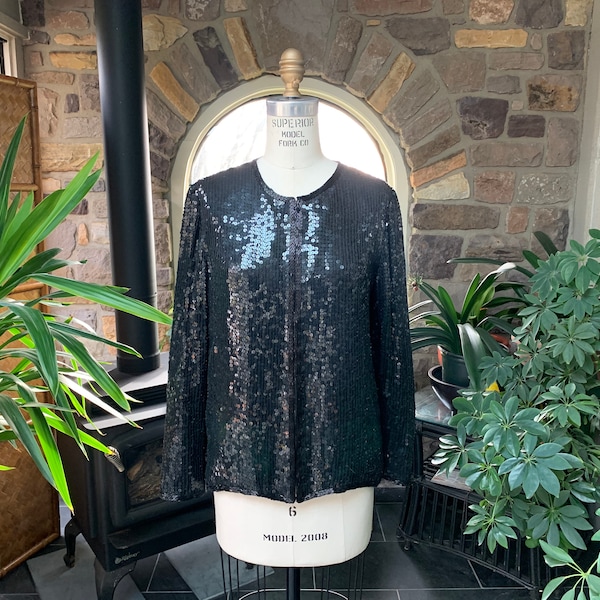 Vintage 1980s Black Silk Sequin and Bead Jacket Stenay, Black Sequin Evening Jacket