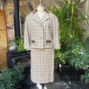 Vintage 1980s Tan Ivory and Gray Wool Plaid Skirt Jacket Suit Arthur Jay, Vintage Eighties Suit Jacket and Skirt