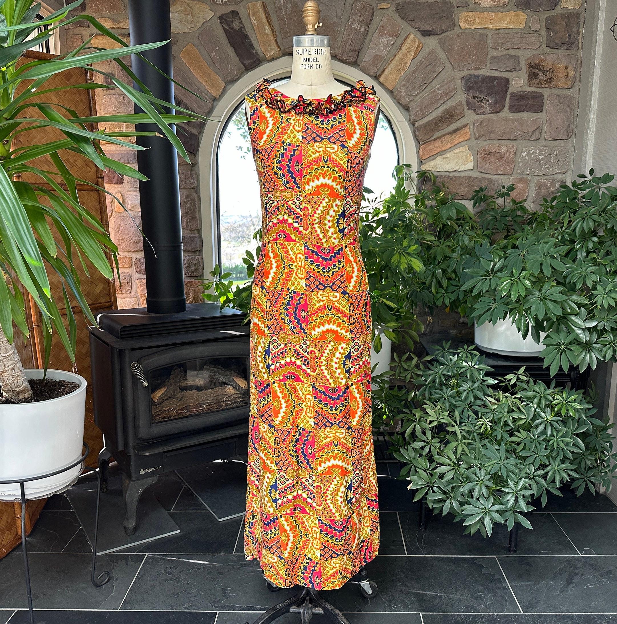 Vintage 1960s Waterfall Back Colorful Cotton Abstract Geometric