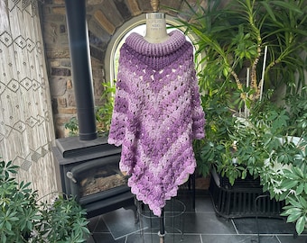 Vintage Crocheted Variegated Purple Poncho with Rolled Collar