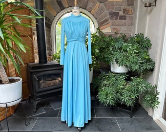 Vintage 1970s Light Blue Knit Evening Dress, Vintage Blue Long Sleeve Bridesmaid Dress