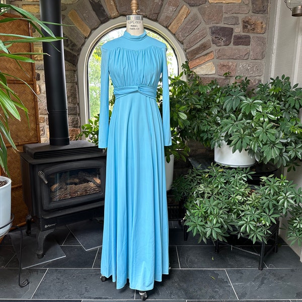 Vintage 1970s Light Blue Knit Evening Dress, Vintage Blue Long Sleeve Bridesmaid Dress