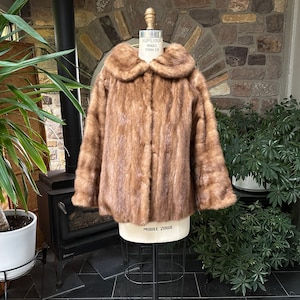 Vintage 1960s Light Brown Mink Jacket Full Fur Collar Front Hook Closures, Vintage Hip Length Jacket, Vintage Mink Fur Coat