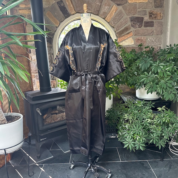 Vintage Chinese Black Satin Golden Dragon Kimono Wrap Robe Gender Neutral Laogudai, Vintage Silky Wrap Robe