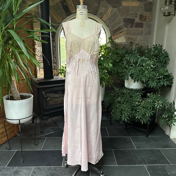 vintage bias cut nightgown 1950s pink Fischer slip gown rayon satin lace 36
