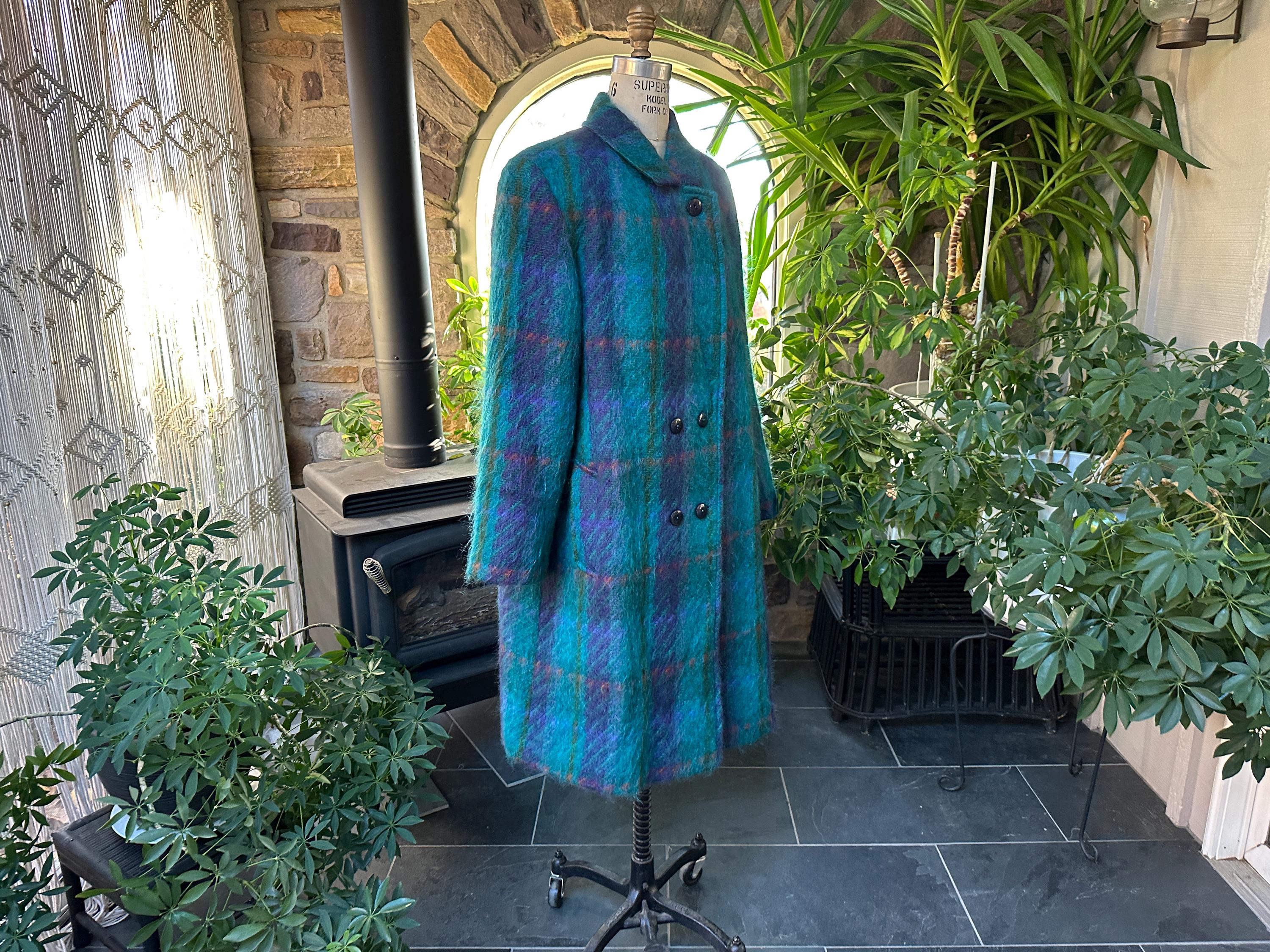 Vintage 1980s Turquoise and Blue Mohair and Wool Double Breasted