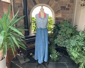 Vintage 1990s Cotton Solid Blue Denim Blue White Stripe Top Red Check Collar Button Front Dress Chorus Blues, Vintage Nineties Denim Dress