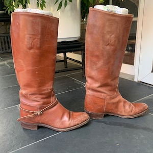 Vintage Brown Leather Pull On Riding Boots Wood Stack Heels, Vintage Bohemian Women&#39;s Boots