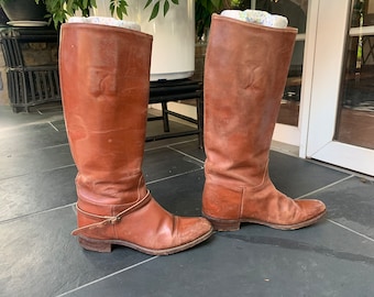 Vintage Brown Leather Pull On Riding Boots Wood Stack Heels, Vintage Bohemian Women's Boots