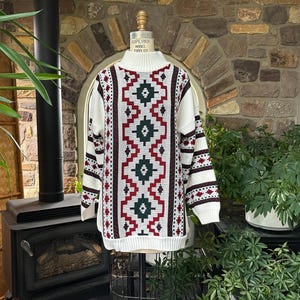 Vintage 1990s White Green and Red Geometric Print Long Pullover Sweater Clifton Place Knit Ltd, Vintage 80s Print Sweater