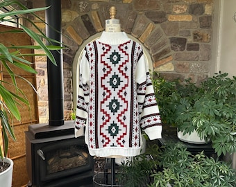 Suéter largo vintage de los años 90 con estampado geométrico blanco, verde y rojo, de Clifton Place Knit Ltd