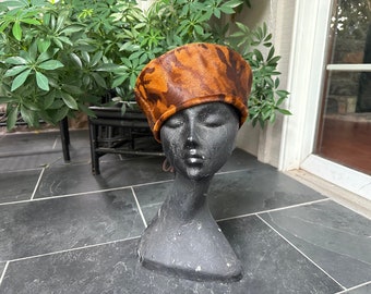 Vintage Rust and Brown Camo Looking Pony Hair Cowhide Beret Style Hat Eric Javits, Vintage High Fashion Fur Hide Hat