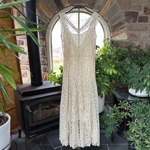 Antique 1920s Wedding Dress Ivory Cotton Lace over Ivory Silk Satin Crepe Slip, Antique Wounded Bird Dress