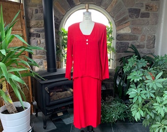 Vintage 1980s Red Textured Rayon Acetate Shift Dress with Jacket K Petite, Vintage Memorial Day July 4th Holiday Dress