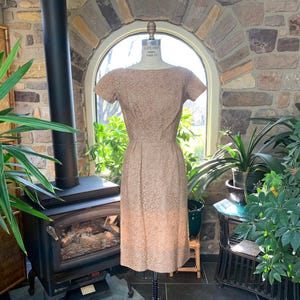 Vintage 1950s Beige and Peach Lace Dress Marc of California, Vintage Fifties Lace Dress, 1950s Mother of the Bride Dress