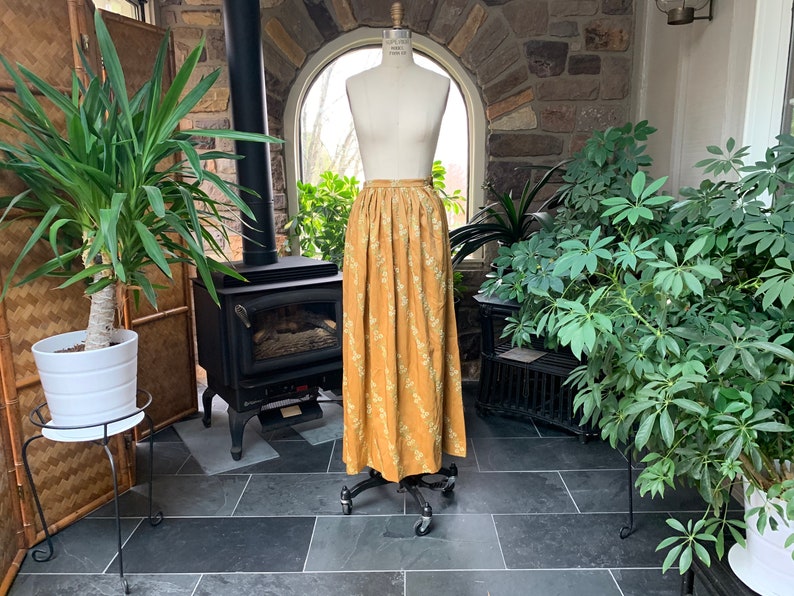 Vintage Golden Silk with Green Beige Floral Embroidery Full Length Maxi Skirt Embroidered Silk Hostess Skirt