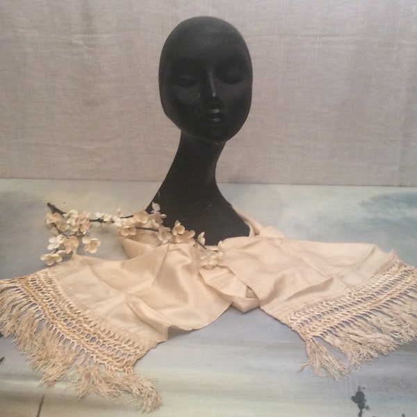 Antique Ivory Silk Scarf with Braided Silk Fringe, Vintage Unisex Silk Scarf,  Vintage Silk Head Scarf, Piano Shawl Fringe