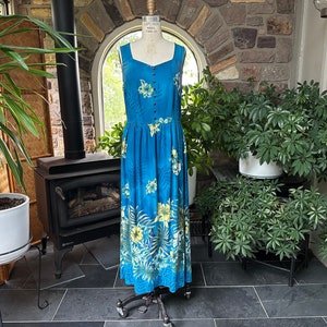 Vintage 1990s Blue Yellow Green Tropical Floral Print Rayon Midi Dress Back Tie Erika Dresses 画像 1