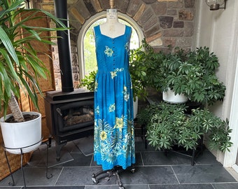 Vintage 1990s Blue Yellow Green Tropical Floral Print Rayon Midi Dress Back Tie Erika Dresses