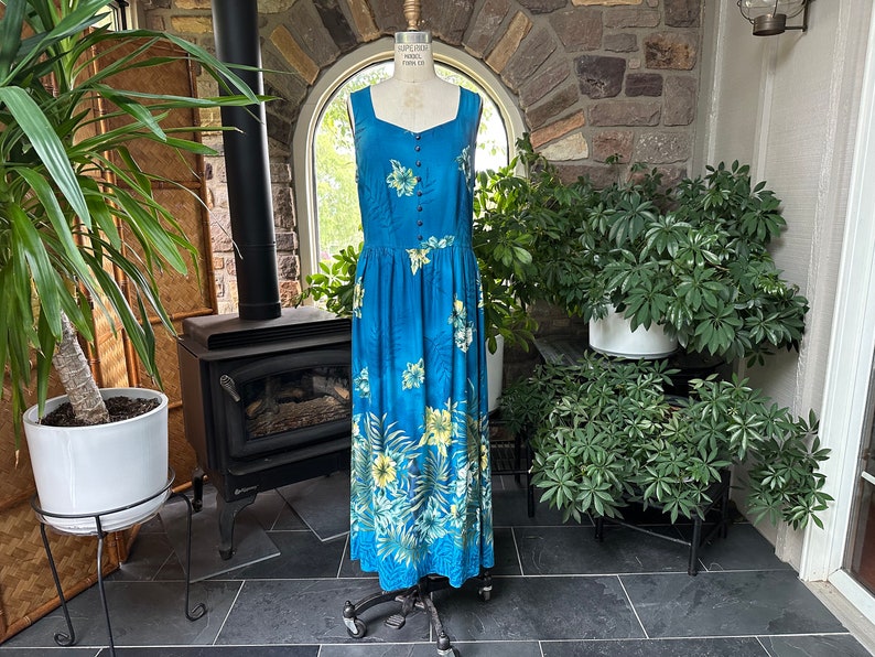 Vintage 1990s Blue Yellow Green Tropical Floral Print Rayon Midi Dress Back Tie Erika Dresses 画像 1