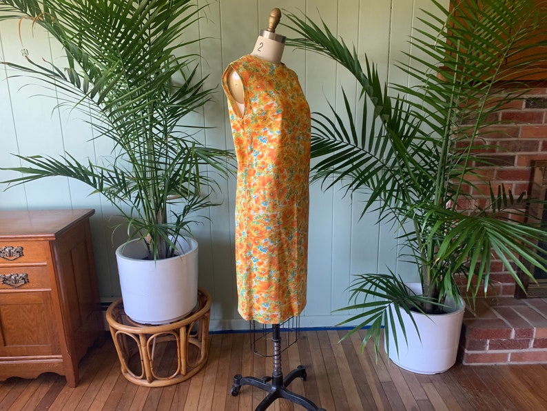 Vintage 1960s Sleeveless Orange Floral Jersey Knit Shift Dress, Vintage Sixties Handmade Clothing image 9