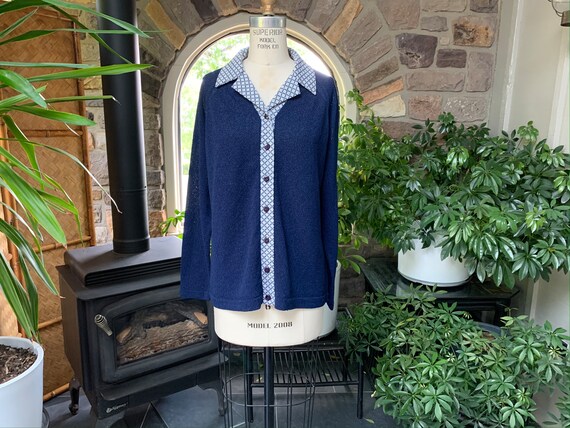 Vintage 1970s Textured Navy Blue and White Knit L… - image 1