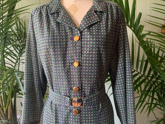 Vintage 1980s Navy Blue and Green Print Shirtdres… - image 3