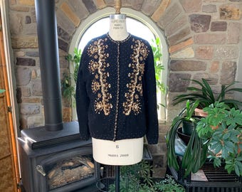 Vintage 1950s Black Wool Gold Beaded Cardigan Sweater