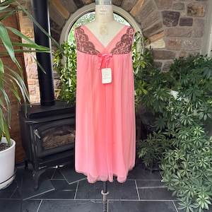 Vintage 1960s Pink Nylon and Brown Lace Fairy Nightgown Vanity Fair Deadstock, Vintage Sixties Nylon Nightgown New with Tags