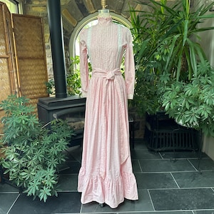 Vintage 1970s Laura Ashley Pink and White Ditsy Floral Ruffled Cotton Maxi Dress Cottagecore Barbiecore