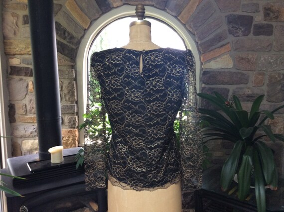 Vintage 1980s Holiday Black Gold Lace Blouse, Vin… - image 4