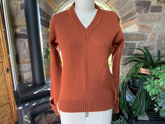 Vintage 1970s Rust V-Neck Pullover Sweater Exclus… - image 2