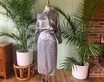 Vintage 1970s does 1940s Silver Gray Floral Embossed Satin Wrap Dress Michael Blair Union Label