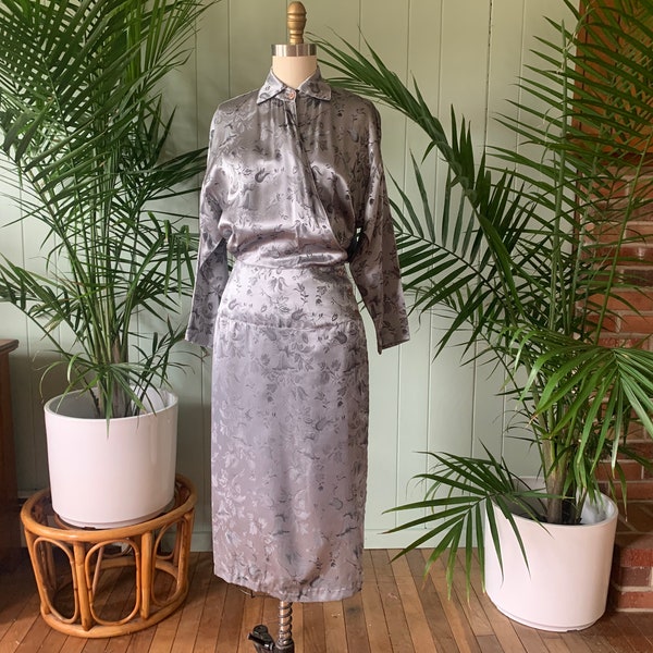 Vintage 1970s does 1940s Silver Gray Floral Embossed Satin Wrap Dress Michael Blair Union Label