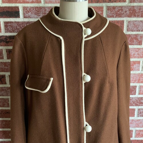 Vintage 1960s Brown Wool Coat Ivory Piping and Buttons Great Six Sportswear, Vintage Sixties Knee shops Length Jacket