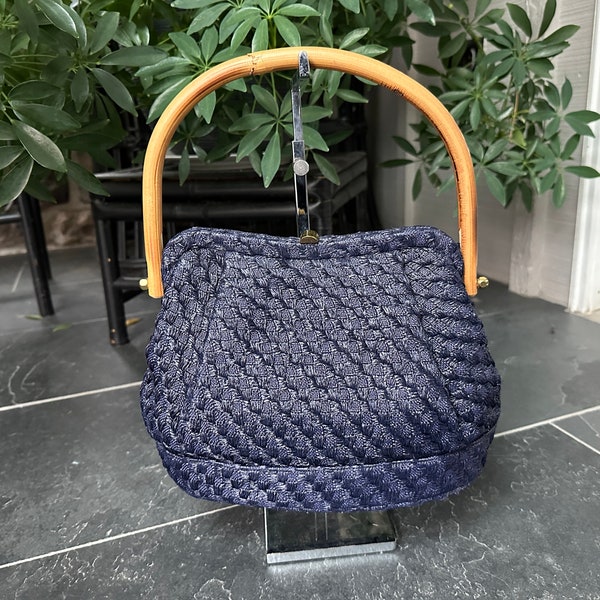 Vintage 1960s Navy Blue Woven Raffia Straw Bamboo Top Handle Handbag MM, Vintage Blue and Gold Summer Bag